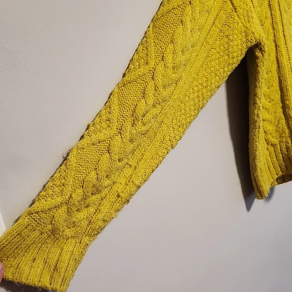 Anthropologie Lime Yellow Cropped Chunky Cable Knit Quarter Zip Sweater XS